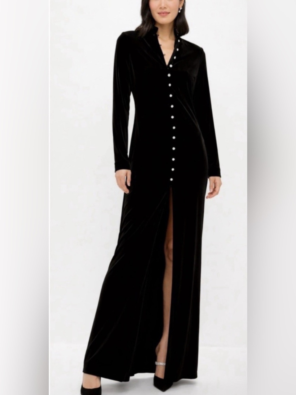 Tuckernuck Loretta Black Velvet Button-Front Maxi Dress with Thigh Slit